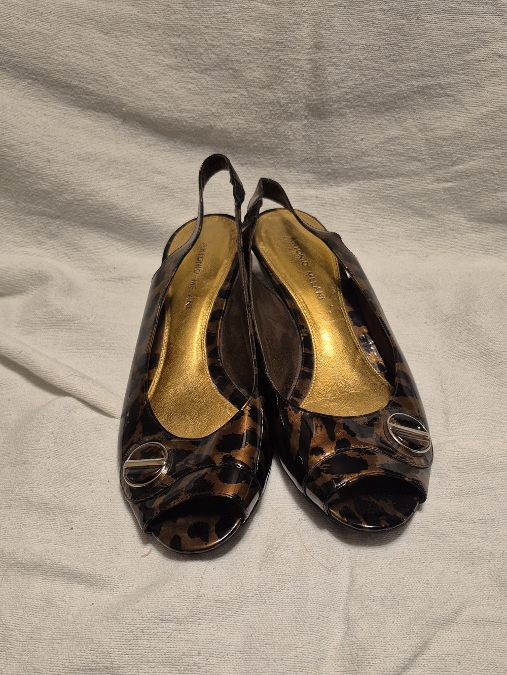 ANTONIO MELANI Brown Leopard Print Slingback Peep-Toe Heels